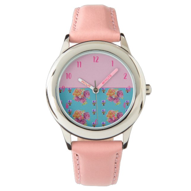 Red Pink Rose Shabby Chic Teal Aqua Floral Flower  Watch (Front)