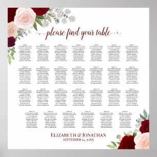 Red & Pink Roses 27 Table Wedding Seating Chart
