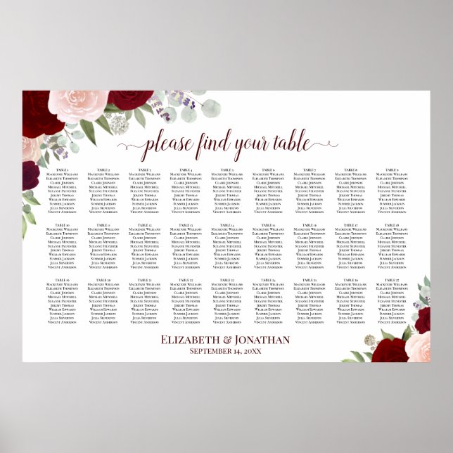 Red & Pink Roses 27 Table Wedding Seating Chart (Front)