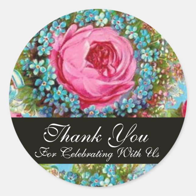 RED PINK ROSES AND BLUE FLOWERS  Thank You Classic Round Sticker (Front)