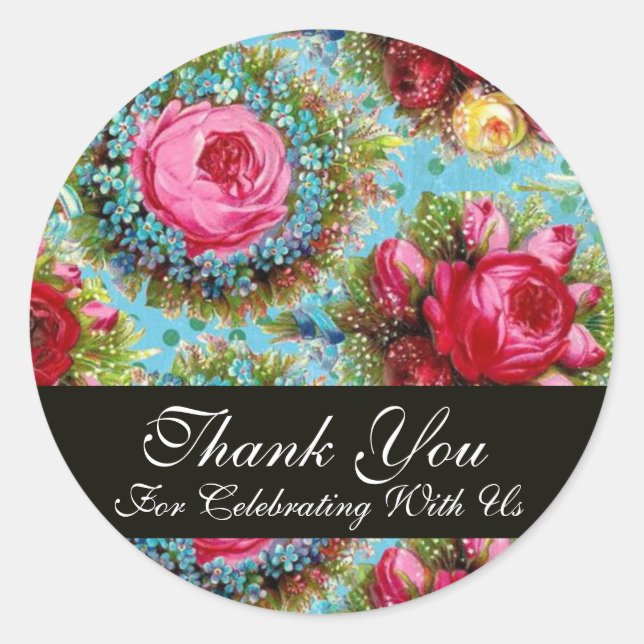 RED PINK ROSES AND BLUE FLOWERS  Thank You Classic Round Sticker (Front)