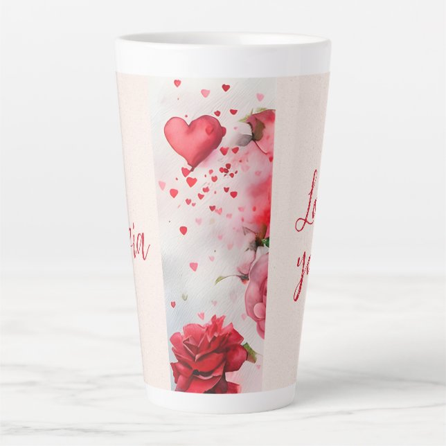 Red pink roses and hearts Love you Romantic Latte Mug (Front)