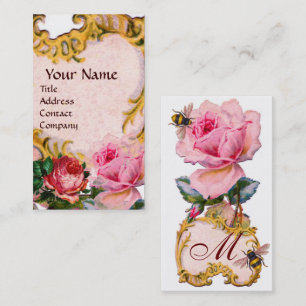RED PINK ROSES AND HONEY BEE BEEKEEPER MONOGRAM BUSINESS CARD