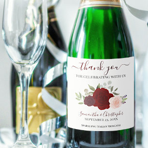 Red & Pink Roses Elegant Boho Wedding Thank You Sparkling Wine Label