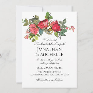 Red Pink Roses Floral All In One Christian Wedding Invitation