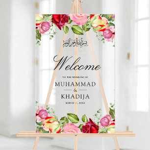 Red Pink Roses Floral Muslim Wedding Welcome Acrylic Sign