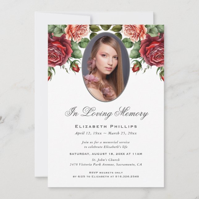 Red Pink Roses Floral Photo Memorial Service Invitation (Front)