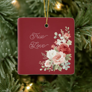 Red Pink Roses Floral True Love Christmas Ceramic Ornament
