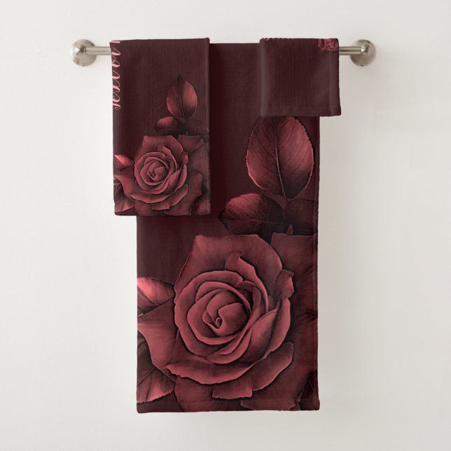 Red Pink Roses Flowers Maroon Elegant Bath Towel Set (Insitu)