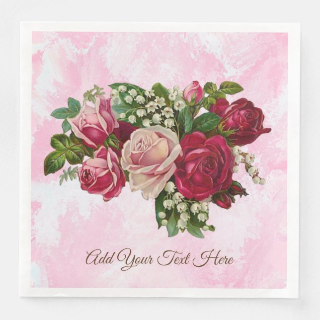 Red Pink Roses Lily of the Valley Floral Romantic Napkin (Front)