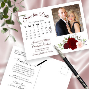 Red & Pink Roses Photo & Calendar Save the Date Announcement Postcard