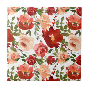 Red Pink Roses Poppies Trendy Girly bathroom  Tile