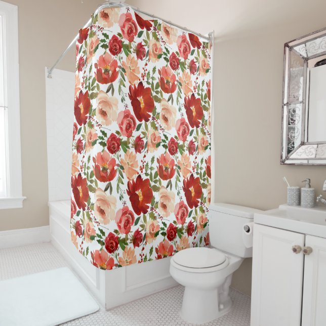 Red Pink Roses Poppies Trendy Girly Shower Curtain (In Situ)