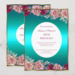 Red Pink Roses Teal Green White Birthday Party  Invitation
