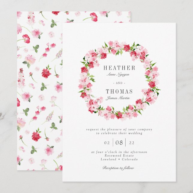 Red Pink Roses Watercolor Wreath Wedding Invitation (Front/Back)