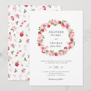 Red Pink Roses Watercolor Wreath Wedding Invitation