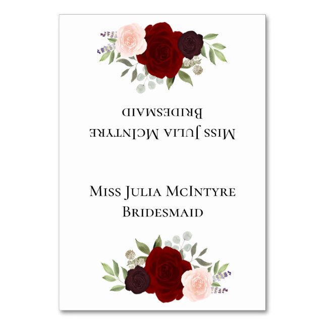 Red Pink Roses Wedding DIY Fold Place Card w/Title (Front)