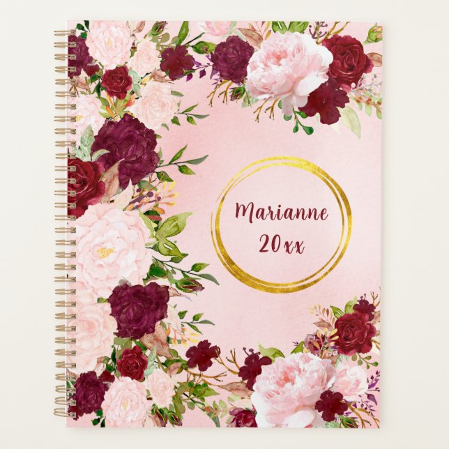 Red & Pink Roses with Gold Name Frame Personalized Planner (Front)