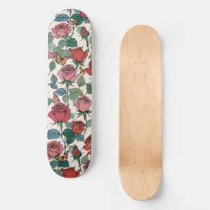 Red & Pink Roses with Leaves & Monarch Butterflies Skateboard