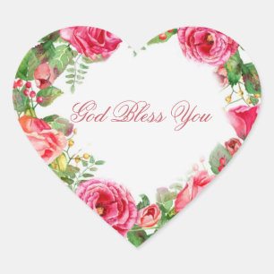 Red Pink Roses Wreath Spring Flowers Green Leaves Heart Sticker