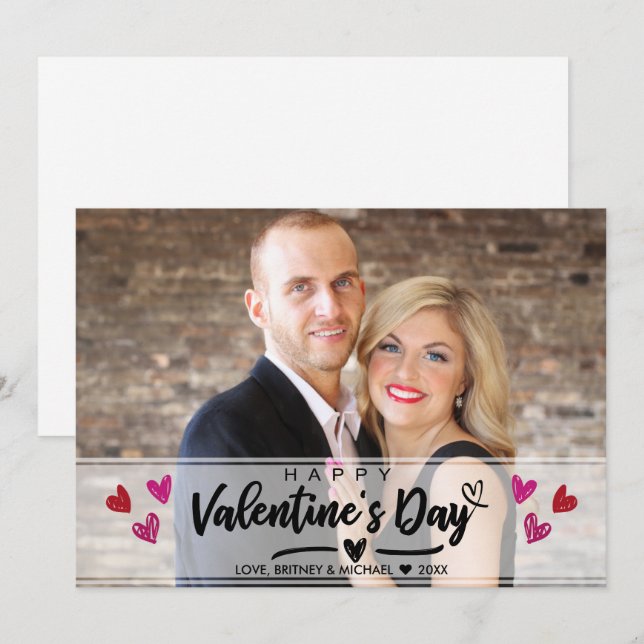 Red Pink Scribbled Heart Valentine Day Photo Card (Front/Back)