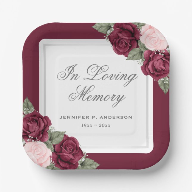 Red Pink Silver Floral Memorial Funeral Paper Plate (Front)