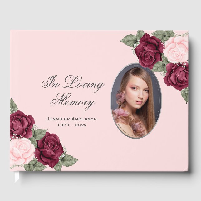 Red Pink Silver Floral Photo Memorial Funeral Guest Book (Front)