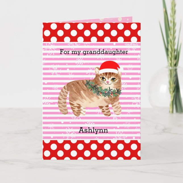Red Pink Snowflakes Kitty Cat Christmas Card (Front)