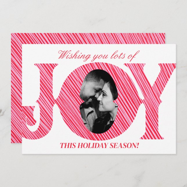 Red & Pink Stripe Holiday JOY Photo Christmas Card (Front/Back)