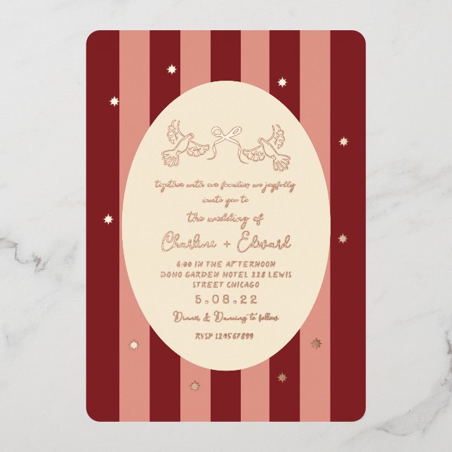 Red Pink Striped Gold Star Wedding  (Front)