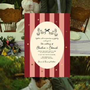 Red Pink Striped Gold Star Wedding Invitation