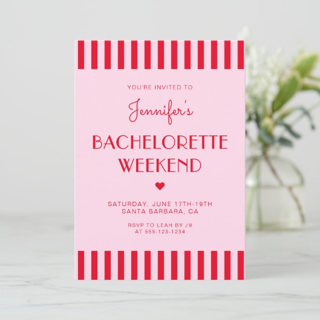 Red & Pink Stripes Bachelorette Weekend Itinerary Invitation (Standing Front)