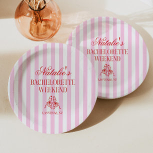 Red Pink Stripes Bachelorette Weekend Party Paper Plate