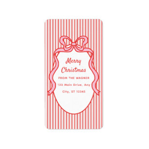 Red Pink Stripes & Bow Frame Christmas Label