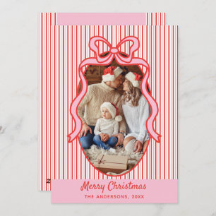 Red Pink Stripes & Bow Frame Christmas Photo Holiday Card