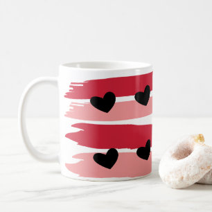 Red Pink Stripes Pattern Black Hearts  Coffee Mug