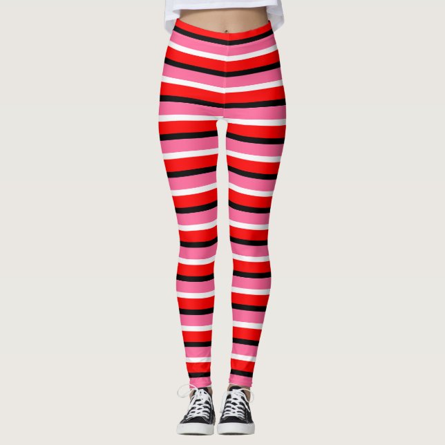 Red Pink Stripes Pattern Design Leggings (Front)