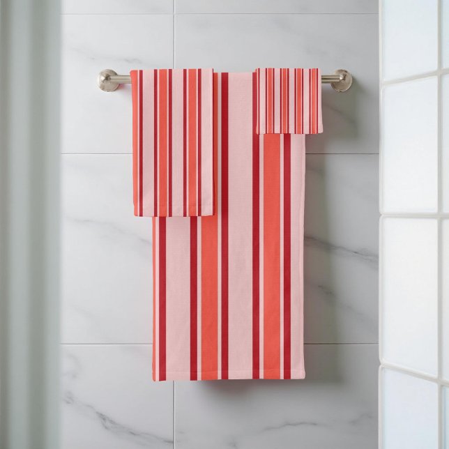 Red Pink Stripes Pattern Elegant, Stylish, Modern Bath Towel Set (Creator Uploaded)