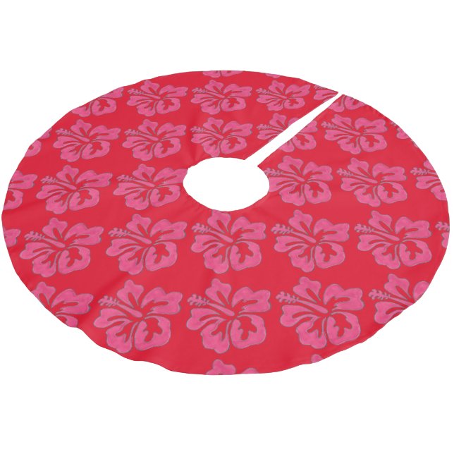 Red Pink Tropical Hawaiian Hibiscus Flower Print Brushed Polyester Tree Skirt (Angled)