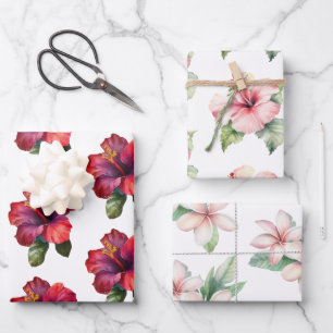 Red Pink Tropical Hibiscus Plumeria Floral Wedding Wrapping Paper Sheet