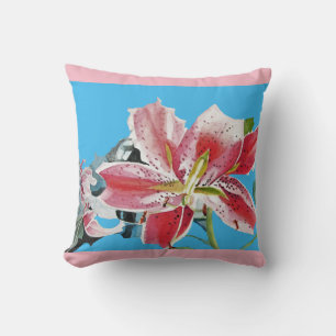 Red Pink Tropical lily Lillies Flower Floral Blue  Cushion