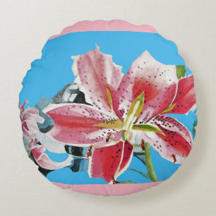 Red Pink Tropical lily Lillies Flower Floral Blue  Round Cushion
