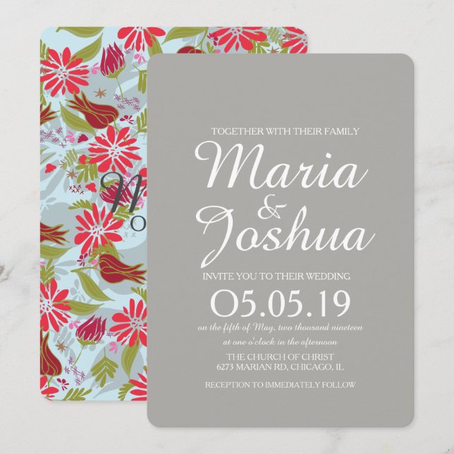 Red Pink Tulip Daisy Rose Mix Pattern Wedding Invitation (Front/Back)
