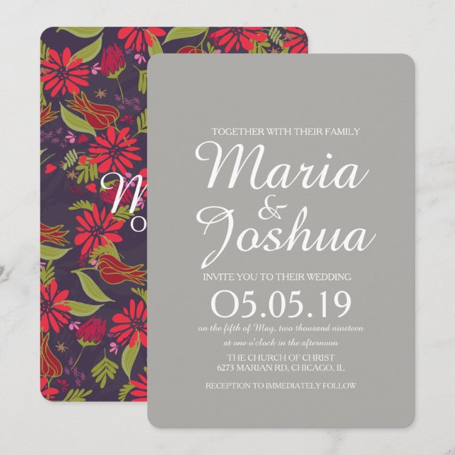 Red Pink Tulip Daisy Rose Mix Pattern Wedding Invitation (Front/Back)