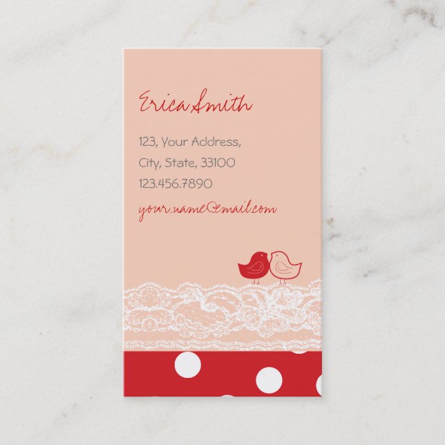 Red Pink Two Cute Birds Scrapbook Lace Polka Dots Business Card (Front)