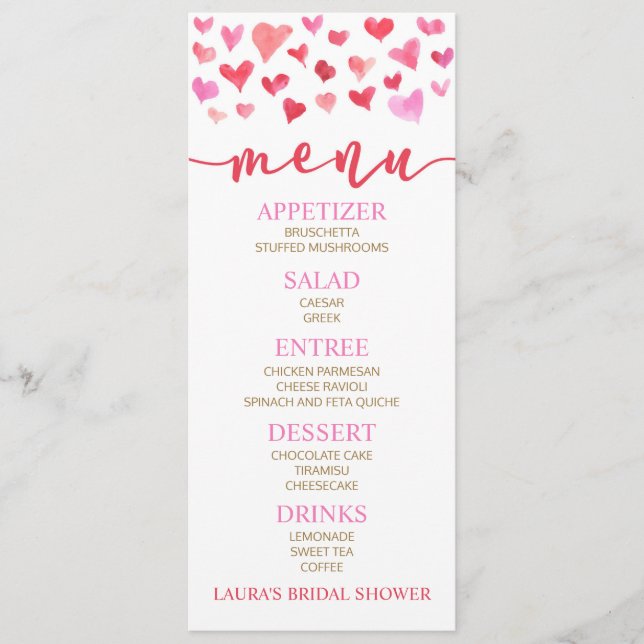 Red Pink Valentine Bridal Shower Food Menu (Front)