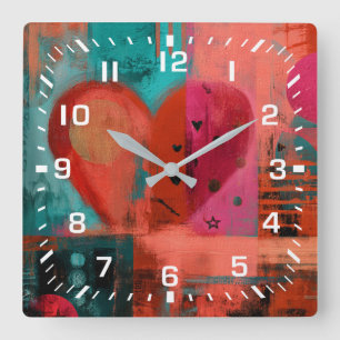 Red Pink Valentine Graffiti Split Heart Square Wall Clock