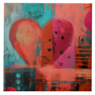 Red Pink Valentine Graffiti Split Heart Tile