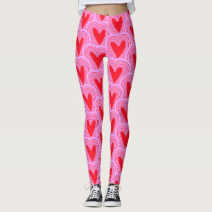 Red Pink Valentine's Day Hearts Print Leggings