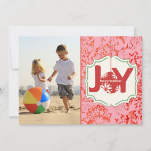 Red Pink Vintage Floral Joy Christmas Photo Holiday Card
